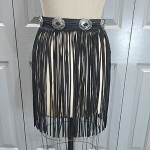 BLACK LEATHER ONESIZE FRINGE BELT / MOCK SKIRT WITH METAL ACCENTS
